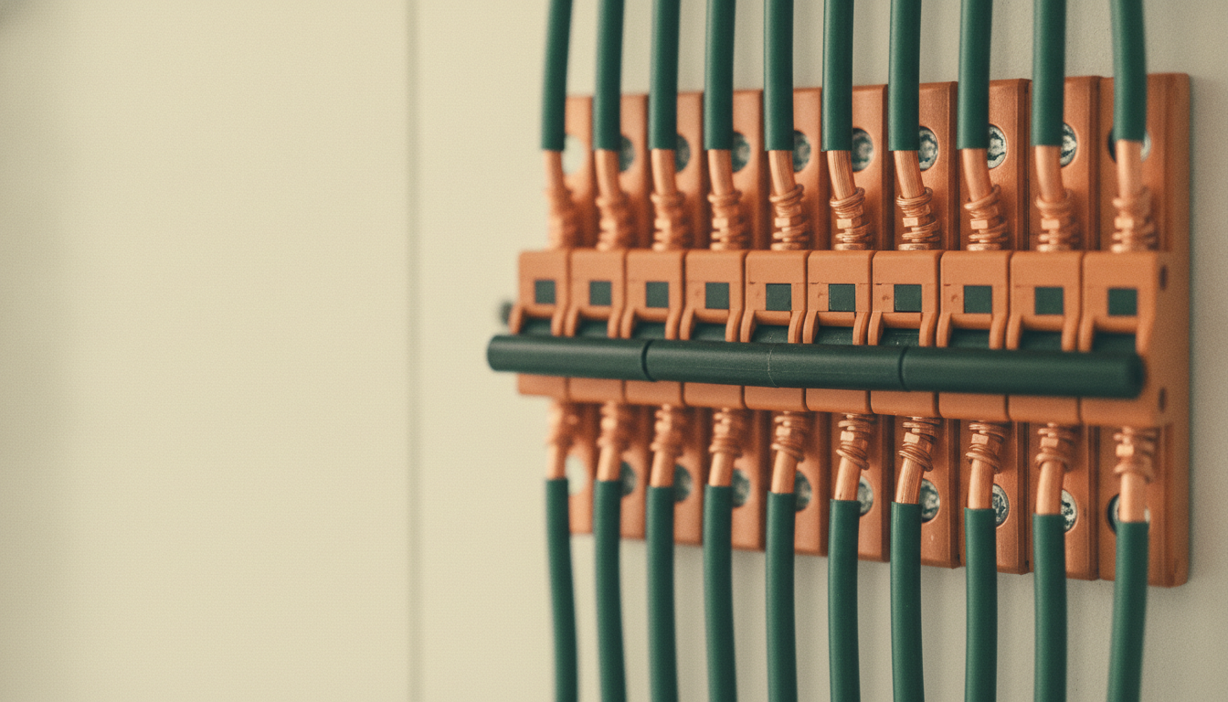 Neatly organized copper wiring across a residential breaker panel