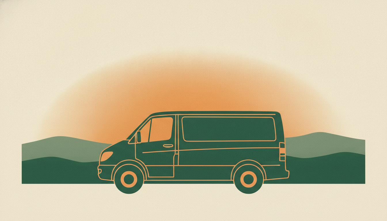 Ninebark Electric's spruce-green work van at golden hour in the foothills